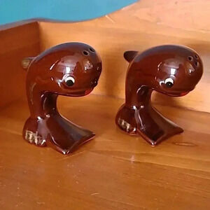 Adorable Vintage Redware Ceramic Brown Whale Salt &  Pepper Shakers